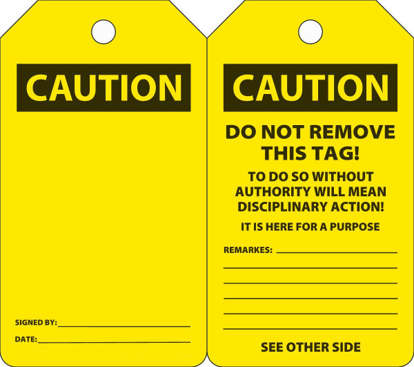 Safety Tag, CAUTION (Blank), 5-3/4" x 3-1/4", PF-Cardstock, Pack 25