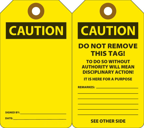 Safety Tag, CAUTION (Blank), 5-3/4" x 3-1/4", Plastic w/Grommet, Pack 25