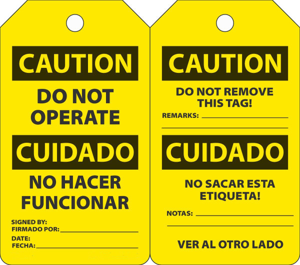 Safety Tag, CAUTION DO NOT OPERATE (English, Spanish), 5-3/4" x 3-1/4", PF-Cardstock, Pack 25
