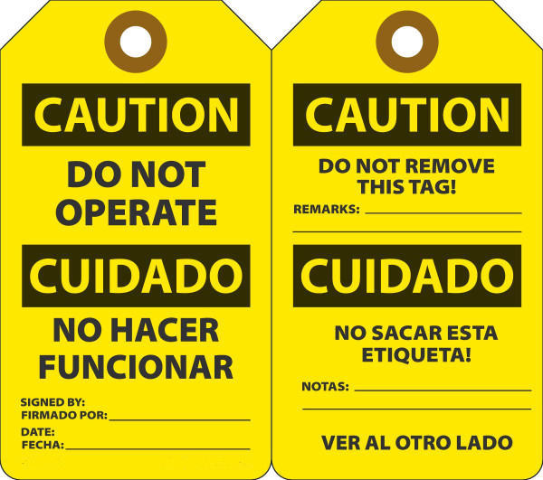 Safety Tag, CAUTION DO NOT OPERATE (English, Spanish), 5-3/4" x 3-1/4", Plastic w/Grommet, Pack 25