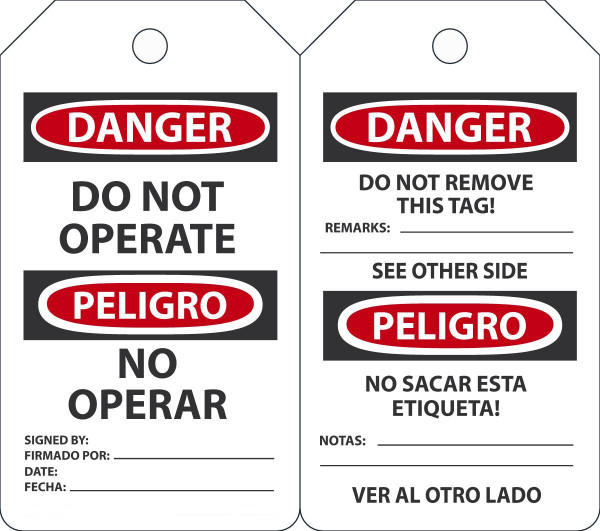 Safety Tag, DANGER DO NOT OPERATE (English, Spanish), 5-3/4" x 3-1/4", PF-Cardstock, Pack 25