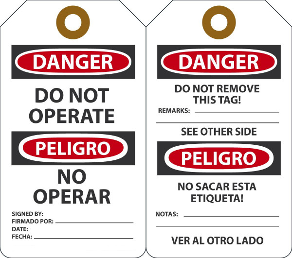 Safety Tag, DANGER DO NOT OPERATE (English, Spanish), 5-3/4" x 3-1/4", Plastic w/Grommet, Pack 25