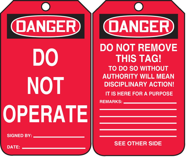 Safety Tag, DANGER DO NOT OPERATE, 5-3/4" x 3-1/4", PF-Cardstock, Pack 25
