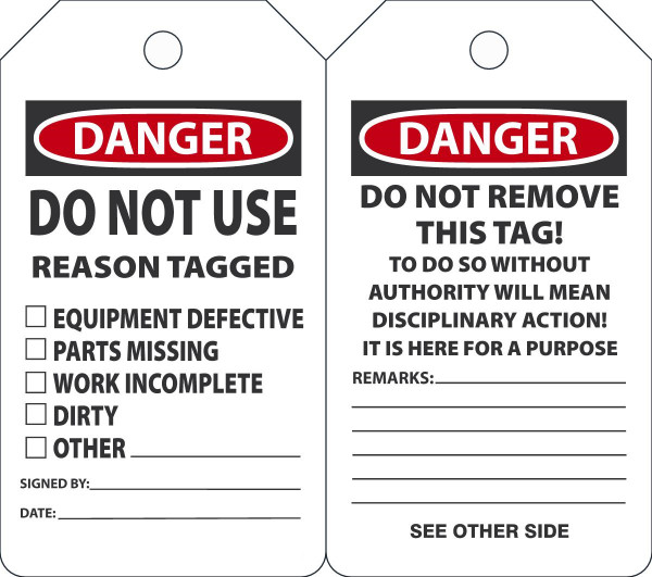 Safety Tag, DANGER DO NOT USE REASON TAGGED, 5-3/4" x 3-1/4", PF-Cardstock, Pack 25