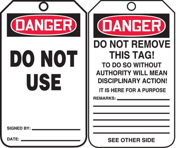 Safety Tag, DANGER DO NOT USE, 5-3/4" x 3-1/4", PF-Cardstock, Pack 25