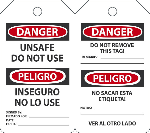 Safety Tag, DANGER UNSAFE DO NOT USE (English, Spanish), 5-3/4" x 3-1/4", PF-Cardstock, Pack 25