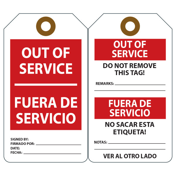 Safety Tag, OUT OF SERVICE (English, Spanish), 5-3/4" x 3-1/4", Plastic w/Grommet, Pack 25
