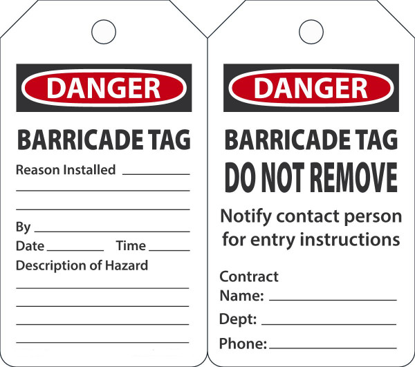 Safety Tags, DANGER BARRICADE TAG, 5-3/4" x 3-1/4", PF-Cardstock, Pack 25