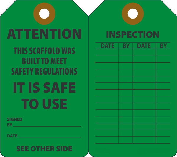 Scaffold Tag, ATTENTION THIS SCAFFOLD WAS BUILT, 5-3/4" x 3-1/4", Plastic w/Grommet, Pack 25