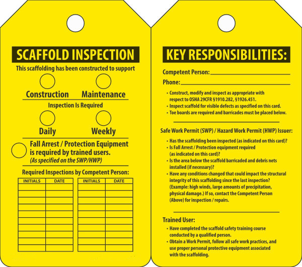 Scaffold Tag, SCAFFOLD INSPECTION, 5-3/4" x 3-1/4", PF-Cardstock, Pack 25