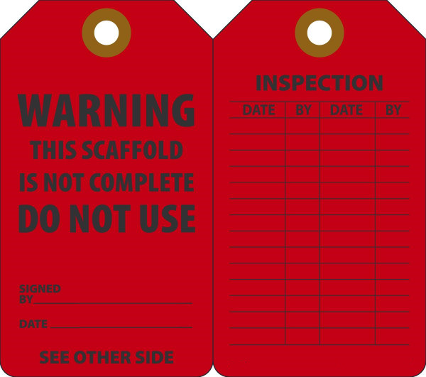 Scaffold Tag, WARNING THIS SCAFFOLD IS NOT COMPLETE, 5-3/4" x 3-1/4", Plastic w/Grommet, Pack 25