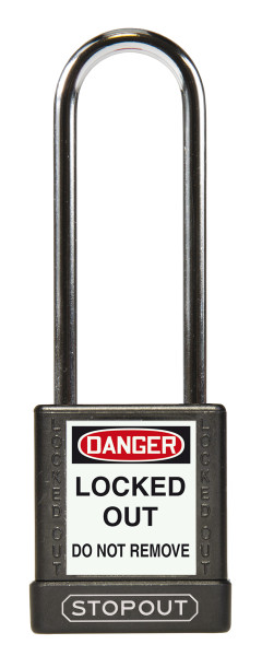 STOPOUT� Plastic Body Padlock, 1-3/4" x 1-1/2" Body, 3" Shackle, Keyed Differently, Black