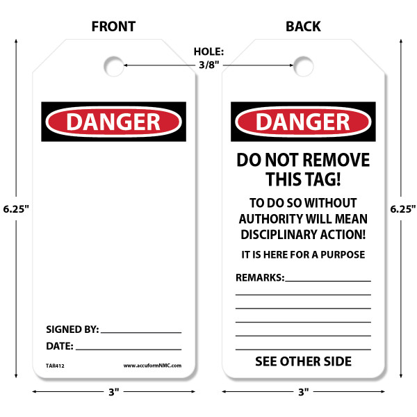 Tags By-The-Roll, DANGER (Blank), 6-1/4" x 3" PF-Cardstock Tag in 6-5/8" x 6-5/8" x 3-5/8" Cardboard Dispenser Box, Roll 100