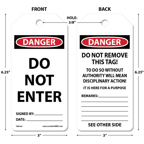 Tags By-The-Roll, DANGER DO NOT ENTER, 6-1/4" x 3" PF-Cardstock Tag in 6-5/8" x 6-5/8" x 3-5/8" Cardboard Dispenser Box, Roll 250