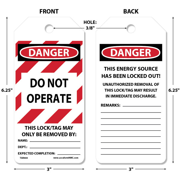 Tags By-The-Roll, DANGER DO NOT OPERATE THIS LOCK, 6-1/4" x 3" PF-Cardstock Tag in 6-5/8" x 6-5/8" x 3-5/8" Cardboard Dispenser Box, Roll 100