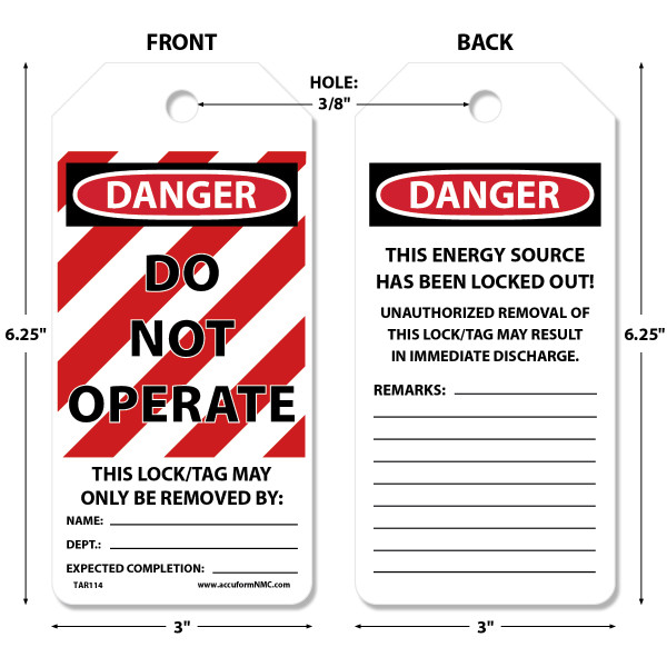 Tags By-The-Roll, DANGER DO NOT OPERATE THIS LOCK/TAG, 6-1/4" x 3" PF-Cardstock Tag in 6-5/8" x 6-5/8" x 3-5/8" Cardboard Dispenser Box, Roll 100