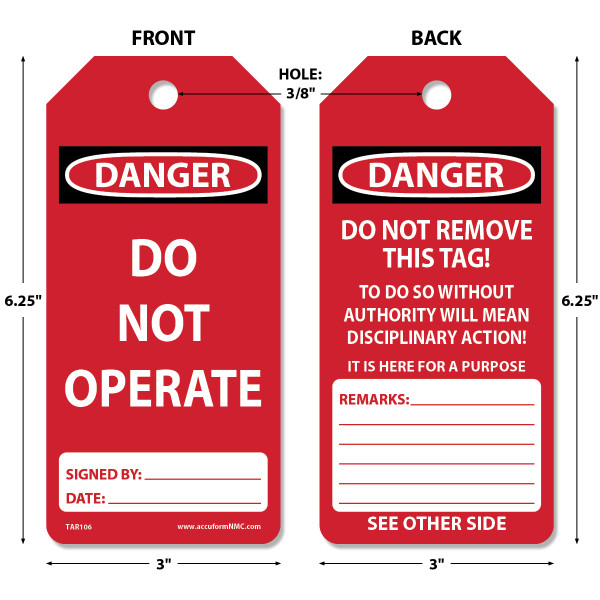 Tags By-The-Roll, DANGER DO NOT OPERATE, 6-1/4" x 3" PF-Cardstock Tag in 6-5/8" x 6-5/8" x 3-5/8" Cardboard Dispenser Box, Roll 100