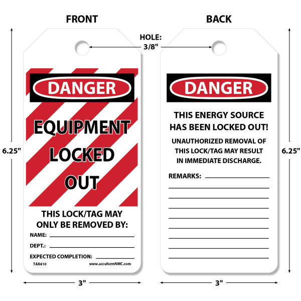 Tags By-The-Roll, DANGER EQUIPMENT LOCKED OUT, 6-1/4" x 3" PF-Cardstock Tag in 6-5/8" x 6-5/8" x 3-5/8" Cardboard Dispenser Box, Roll 100