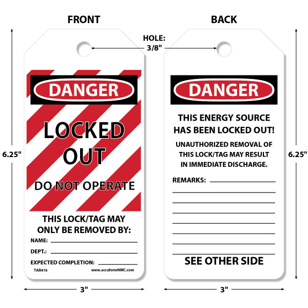 Tags By-The-Roll, DANGER LOCKED OUT DO NOT OPERATE, 6-1/4" x 3" PF-Cardstock Tag in 6-5/8" x 6-5/8" x 3-5/8" Cardboard Dispenser Box, Roll 100