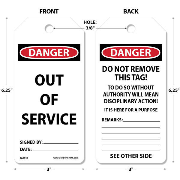 Tags By-The-Roll, DANGER OUT OF SERVICE, 6-1/4" x 3" PF-Cardstock Tag in 6-5/8" x 6-5/8" x 3-5/8" Cardboard Dispenser Box, Roll 250