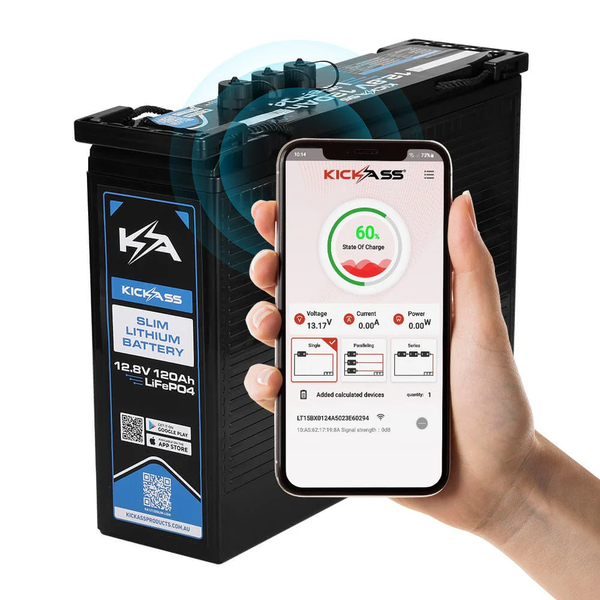 KickAss Smart 12V 120Ah Lithium Slimline Deep Cycle Battery LifePO4