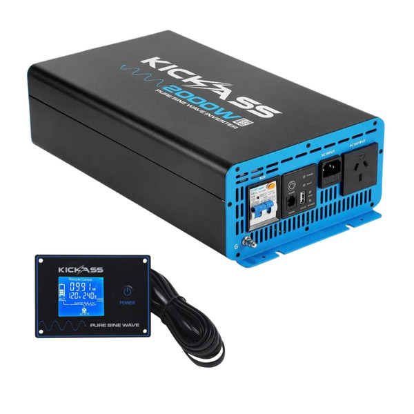 KickAss 12V to 240V Pure Sine Wave 2000W Inverter and Remote Display Panel Bundle