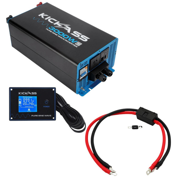 KickAss 12V to 240V Pure Sine Wave 3000W Inverter, remote display panel and wiring kit bundle