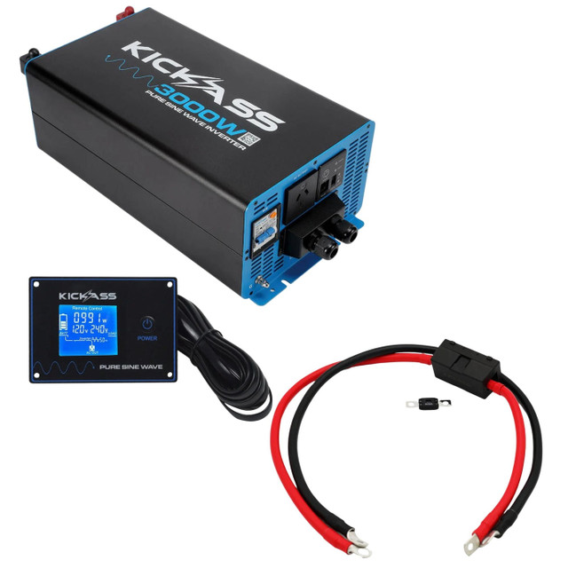 KickAss 12V to 240V Pure Sine Wave 3000W Inverter, remote display panel and wiring kit bundle