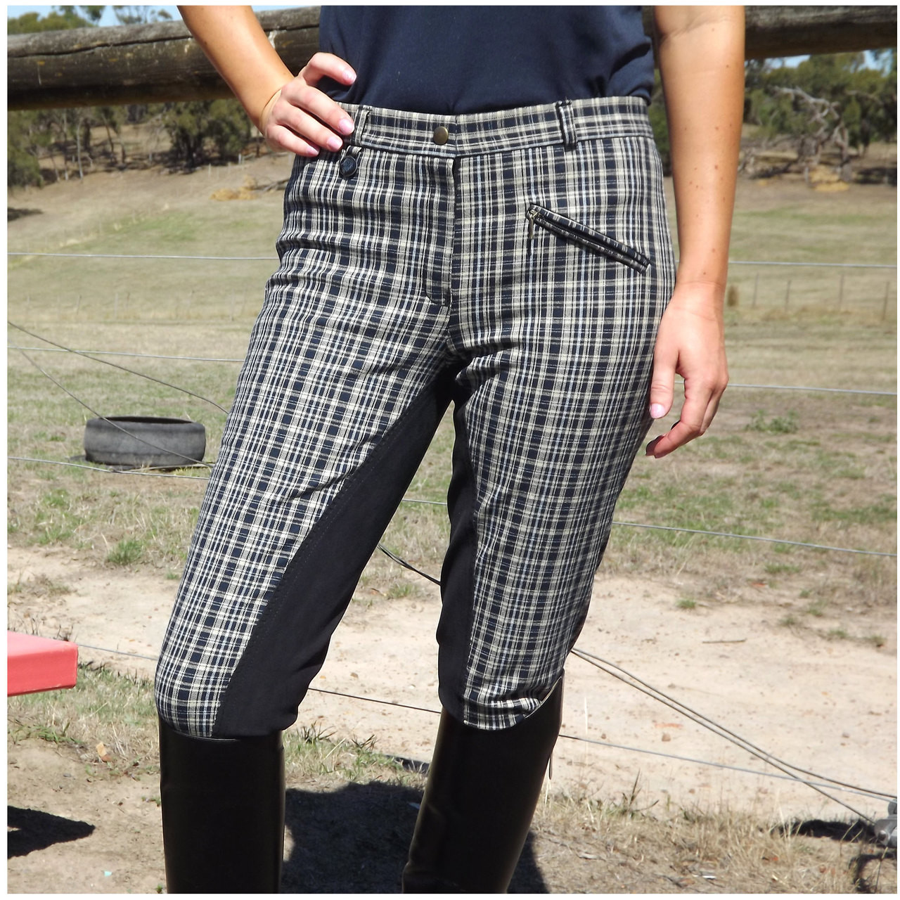 Beige Black Grey Check Full Seat Breeches