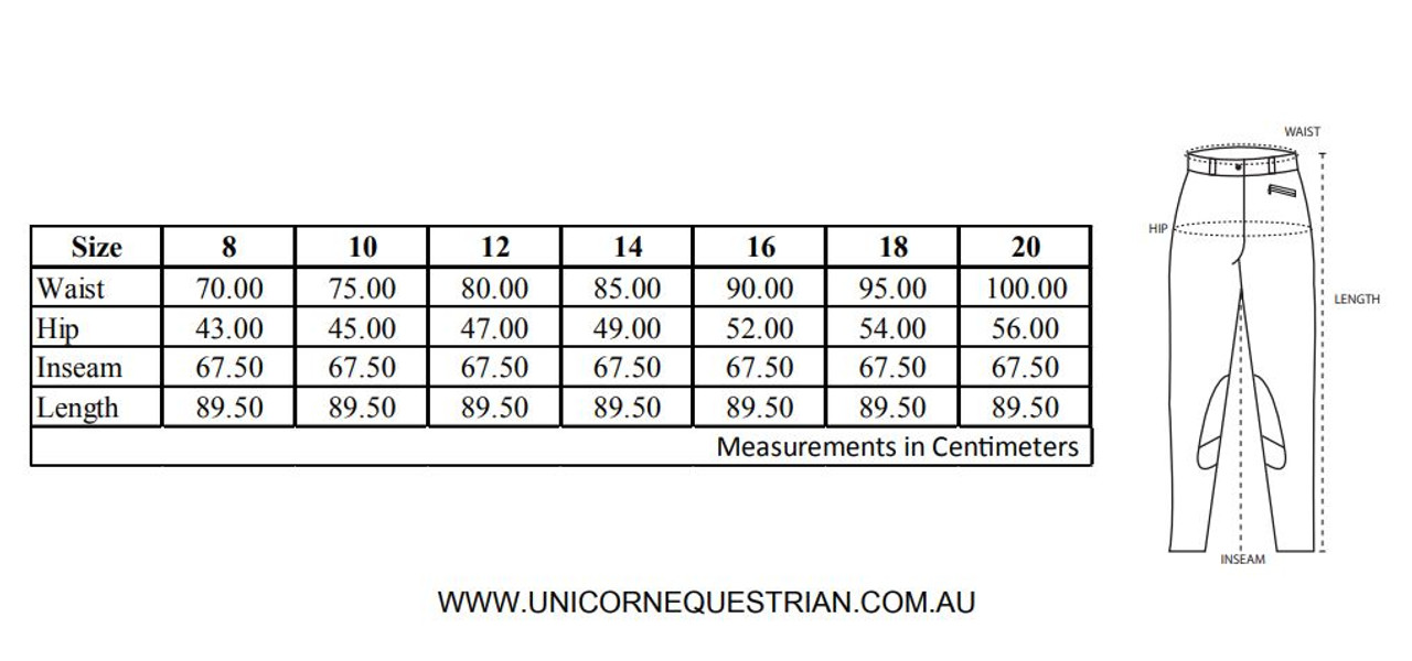 Unicorn Breeches Size Chart