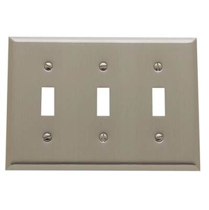 BALDWIN 4770.150.CD BEVELED EDGE TRIPLE TOGGLE SWITCH PLATE IN SATIN NICKEL