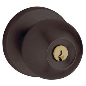 BALDWIN 5215.102.ENTR TUBULAR KEYED ENTRY SET MODERN KNOB WITH CONTEMPORARY ROSE EMERGENCY EXIT IN OIL RUBBED BRONZE