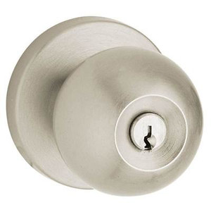 BALDWIN 5215.150.ENTR TUBULAR KEYED ENTRY SET MODERN KNOB WITH CONTEMPORARY ROSE EMERGENCY EXIT IN SATIN NICKEL