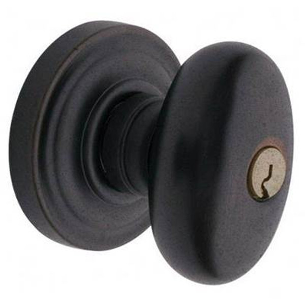 BALDWIN 5225.402.ENTR TUBULAR KEYED ENTRY SET EGG KNOB WITH CLASSIC ROSE EMERGENCY EXIT IN DISTRESSED OIL RUBBED BRONZE