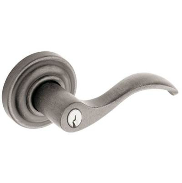 BALDWIN 5255.452.RENT TUBULAR KEYED ENTRY SET RIGHT HAND WAVE LEVER WITH CLASSIC ROSE EMERGENCY EXIT IN DISTRESSED ANTIQUE NICKEL