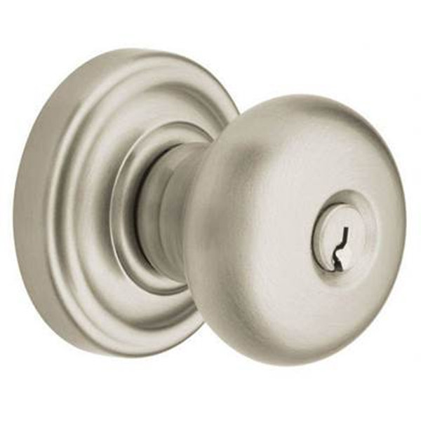 BALDWIN 5205.056.ENTR TUBULAR KEYED ENTRY SET CLASSIC KNOB WITH CLASSIC ROSE EMERGENCY EXIT IN LIFETIME (PVD) SATIN NICKEL