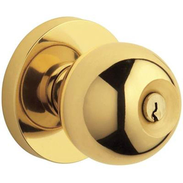 BALDWIN 5215.031.ENTR TUBULAR KEYED ENTRY SET MODERN KNOB WITH CONTEMPORARY ROSE EMERGENCY EXIT IN NON-LACQUERED BRASS