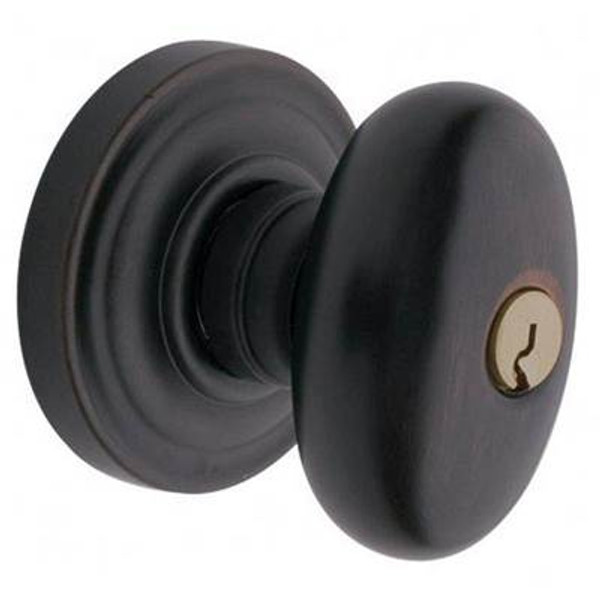 BALDWIN 5225.102.ENTR TUBULAR KEYED ENTRY SET EGG KNOB WITH CLASSIC ROSE EMERGENCY EXIT IN OIL RUBBED BRONZE