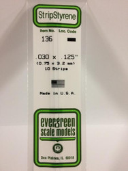 Evergreen Scale Models 136 - .030" X .125" Strip Styrene - 10 Pieces