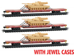 Micro Trains Line N 983 02 214 Heavy-Duty 68’ Flat Cars W/Abrams Tank Department of Defense DODX 3-Pack