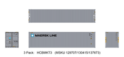 Aurora Miniatures HO HCBMKT3 40′ Hi-Cube Dry Containers Maersk Small Logo 3-Pack