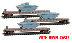 Micro Trains Line N 983 02 245 50' Fishbelly-Side Flatcar w/LVT(A)1 Tank Load Southern Pacific SP 3-Pack - Jewel Cases