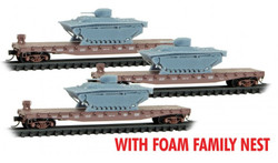 Micro Trains Line N 993 02 245 50' Fishbelly-Side Flatcar w/LVT(A)1 Tank Load Southern Pacific SP 3-Pack - Foam Family Nest