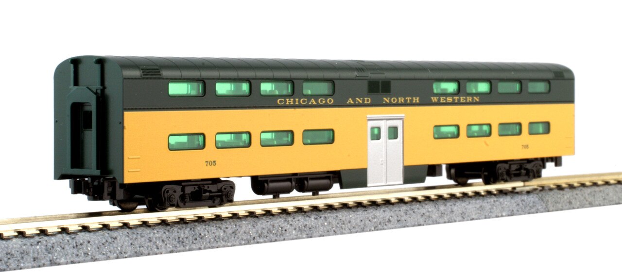 Kato N 106-104-LS-DMW C&NW EMD E8A with DCC/ESU LokSound V5 and Pullman Bi-Level Lighted Cars DCC Cab Car ‘400’ Train 6-Unit Set