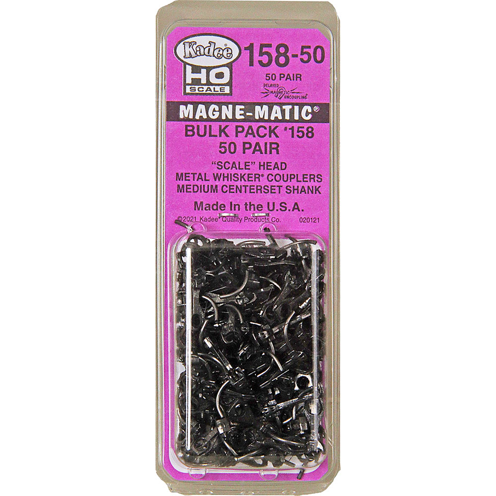 Kadee HO #158-50 Bulk Pack #158 'Scale' Whisker Metal Couplers without Draft Gear boxes Medium 9/32" Centerset Shank - 50 Pair