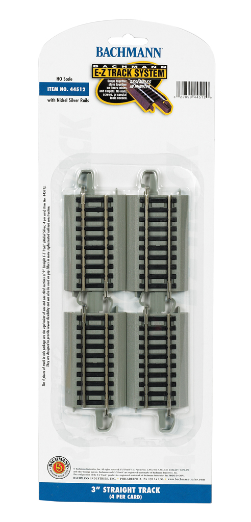 Bachmann HO 44512 Nickel Silver Rail/Gray Roadbed E-Z Track 3" Straight - 4 Pack