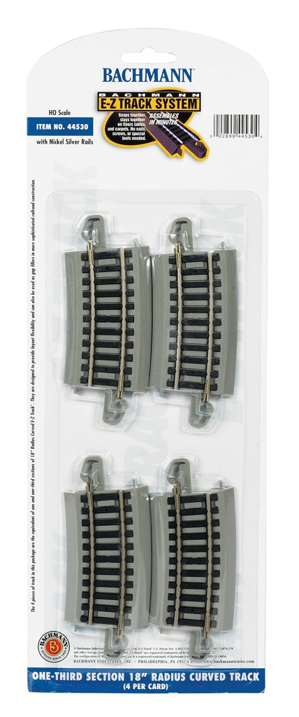Bachmann HO 44530 Nickel Silver Rail/Gray Roadbed E-Z Track One-Third Section 18" Radius Curve - 4 Pack