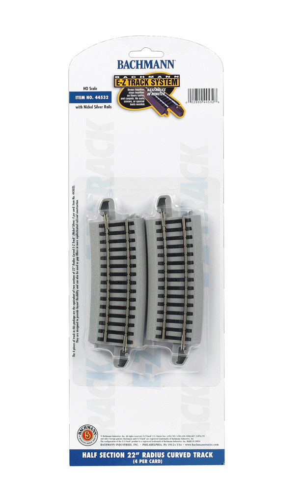 Bachmann HO 44532 Nickel Silver Rail/Gray Roadbed E-Z Track Half-Section 22” Radius Curve - 4 Pack