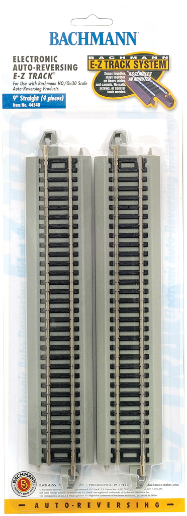 Bachmann HO 44548 Nickel Silver Rail/Gray Roadbed E-Z Track 9" Straight Electronic Auto-Reversing Track - 4 Pack