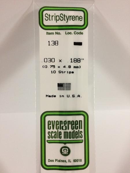 Evergreen Scale Models 138 - .030" X .188" Strip Styrene - 10 Pieces